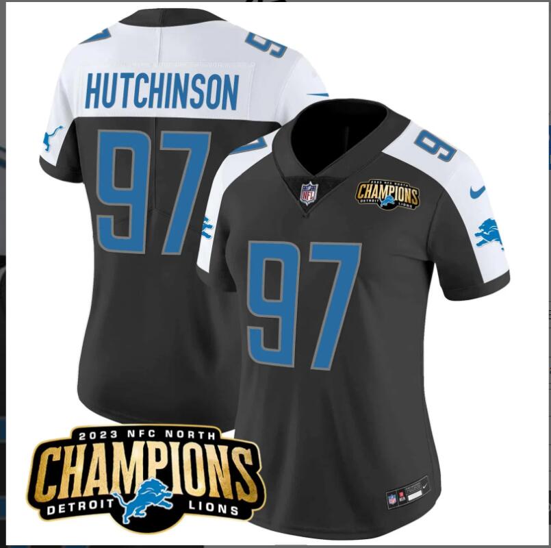 Women Detroit Lions #97 Hutchinson 2023 NFC North Champions Patch black 2024 NFL Nike jerseys->women nfl jersey->Women Jersey